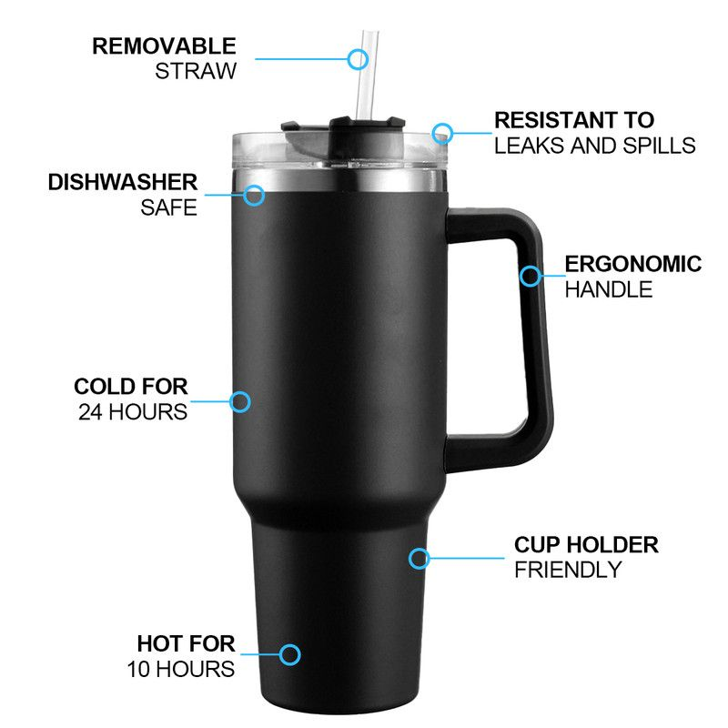1.2L Personalised Tumbler with Handle Straw Lid, Stainless Steel Travel Tumbler Mug - Black