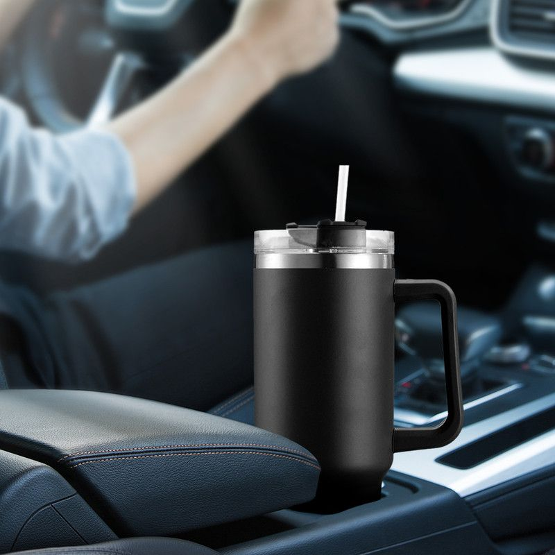 1.2L Personalised Tumbler with Handle Straw Lid, Stainless Steel Travel Tumbler Mug - Black
